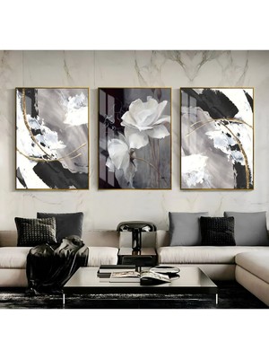 Harikabirev Siyah Gold Kombini 3'lü Çerçeveli Temperli Cam Tablo 50 x 70 cm Modern Çiçek Soyut Tema