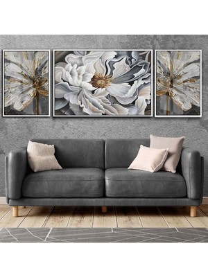 Harikabirev Antrasit Gri Kahverengi Kombini Çiçekler  Çerçeveli Temperli Cam Tablo 3'lü