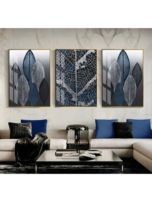 Harikabirev Lacivert Gümüş 9 Şık Soyut Ve Yaprak  Çerçeveli Temperli Cam Tablo 3'lü