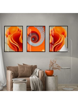 Harikabirev Turuncu Kombin Soyut Abstract Kombini  Çerçeveli Cam Tablo 3'lü