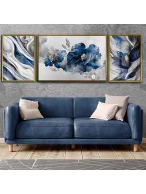 Harikabirev Lacivert Gümüş Çiçek Ve Soyut Kombini 08 Çerçeveli Temperli Cam Tablo 3'lü