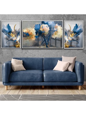 Harikabirev Lacivert Gold Çiçek Ve Soyut Kombini 09 Çerçeveli Temperli Cam Tablo 3'lü