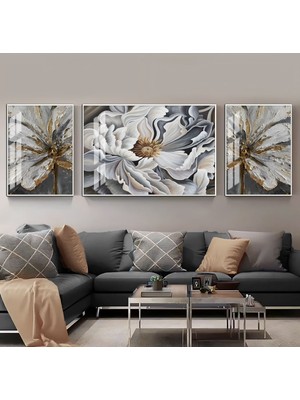 Harikabirev Siyah Gold Renk Çiçek Ve Yaprak Kombini 07 Çerçeveli Temperli Cam Tablo 3'lü