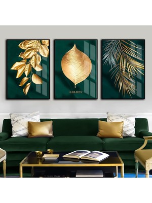 Harikabirev Zümrüt Gold Kombini Altın Yaprak Kombin Çerçeveli Temperli Cam Tablo 3'lü