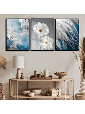 Harikabirev Turkuaz Mavisi  Gri Tüy Kombin Çerçeveli Cam Tablo Temperli 3'lü