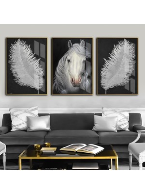 Harikabirev Lacivert  Gümüş Renk Çiçek Soyut Kombin 004 Çerçeveli Cam Tablo Temperli 3'lü