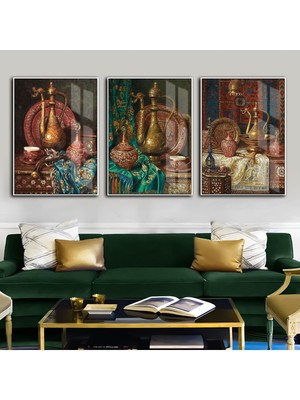 Harikabirev Zümrüt Gold Kombini Nostalji Lamba Kombini  Çerçeveli Temperli Cam Tablo 3'lü