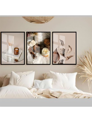 Harikabirev Soft Tütsü Ve Yaprak Kombini Çerçeveli Temperli Cam Tablo 3'lü