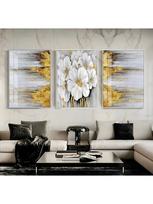 Harikabirev Gold Gri Beyaz Renk Çiçek Soyut Kombin 007  Çerçeveli Cam Tablo Temperli 3'lü