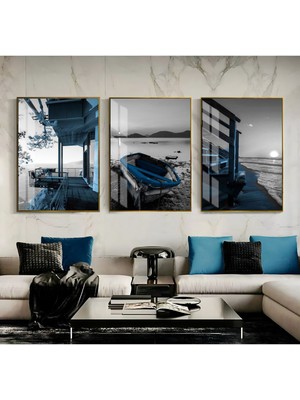 Harikabirev Mavi Gri Deniz Temalı Kombin Çerçeveli Temperli Cam Tablo 3'lü