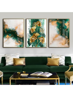 Harikabirev Zümrüt Gold Kombini Çiçek Soyut Kombini Çerçeveli Temperli Cam Tablo 3'lü