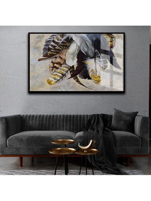 Harikabirev Sevilen Tüy Tablosu 04 Gri Gold  Çerçeveli Temperli Cam Tablo Tekli