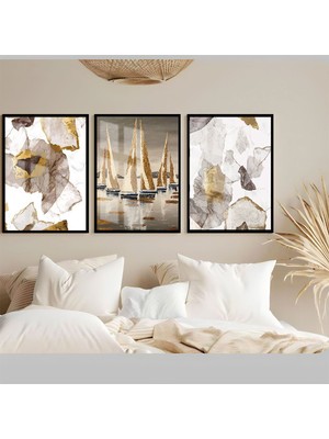 Harikabirev Soft Beyaz Gold Kayık Soyut Kombini Çerçeveli Temperli Cam Tablo 3'lü