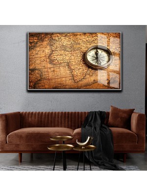 Harikabirev Harita Tablosu Pusulalı  Çerçeveli Temperli Cam Tablo Tekli