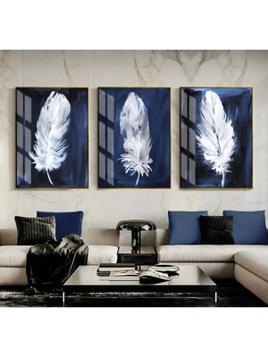 Harikabirev Lacivert Gümüş 4 Şık Üç Tüy Çerçeveli Temperli Cam Tablo 3'lü