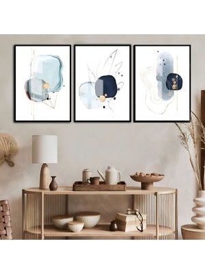 Harikabirev Açıkmavi Gold Vektörel Kombin Çerçeveli Temperli Cam Tablo 3'lü