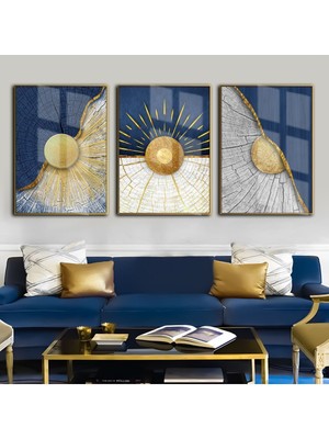 Harikabirev Lacivert Gold KombiniSoyut Kombin Çerçeveli Temperli Cam Tablo 3'lü