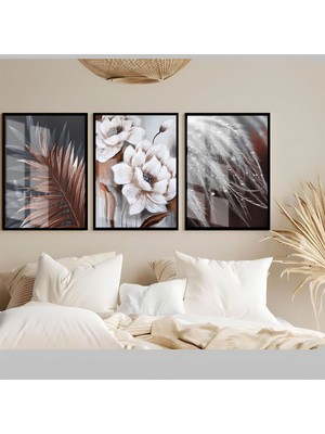 Harikabirev Soft Bronz Çiçek Yaprak Tüy Kombini Çerçeveli Temperli Cam Tablo 3'lü
