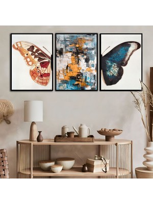 Harikabirev Mavi Turuncu Kombini Kelebek Kanatları Soyut  Çerçeveli Temperli Cam Tablo 3'lü