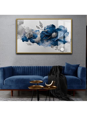 Harikabirev Sevilen Çiçek Tablosu 08 Gümüş Lacivert  Çerçeveli Temperli Cam Tablo Tekli