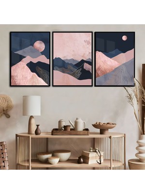 Harikabirev Pudra Gri Kombini Soyut Kombin Çerçeveli Temperli Cam Tablo 3'lü
