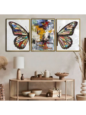 Harikabirev Vektörel Kombin Kelebek Soyut  Çerçeveli Temperli Cam Tablo 3'lü