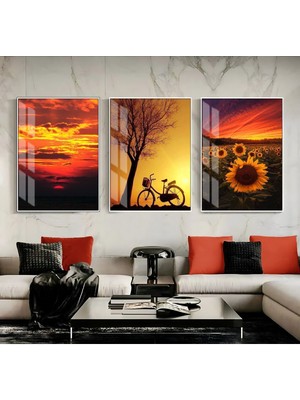 Harikabirev Kırmızı Renk Yaz Manzarası  Çerçeveli Temperli Cam Tablo 3'lü