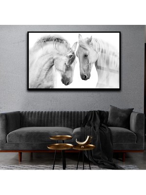 Harikabirev Beyaz At Tablosu  Çerçeveli Cam Tablo Tekli