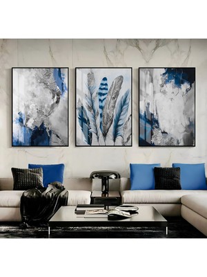 Harikabirev Lacivert Gümüş Kombini Şık Tüy Soyut Seti Çerçeveli Temperli Cam Tablo