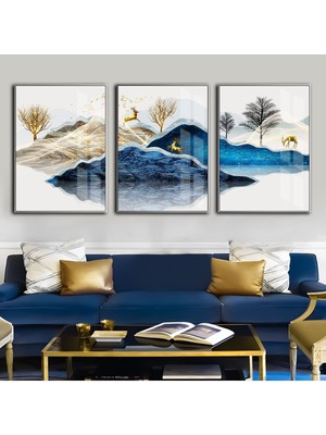 Harikabirev Lacivert Gold Kombini Geyik Kombini  Çerçeveli Temperli Cam Tablo 3'lü