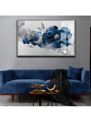 Harikabirev Sevilen Çiçek Tablosu 08 Gümüş Lacivert  Çerçeveli Temperli Cam Tablo Tekli