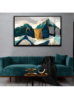 Harikabirev Turkuaz Renk Soyut Dağ  Çerçeveli Temperli Cam Tablo Tekli