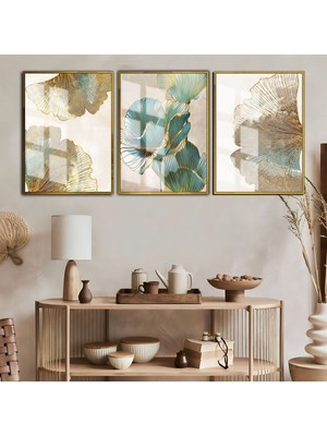 Harikabirev Gold Turkuaz Sonsuzluk Çiçek Kombini Soft Çerçeveli Temperli Cam Tablo 3'lü