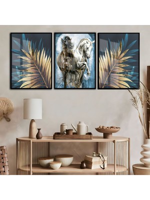 Harikabirev Gold Mavi At Çiçek Kombini Çerçeveli Temperli Cam Tablo 3'lü