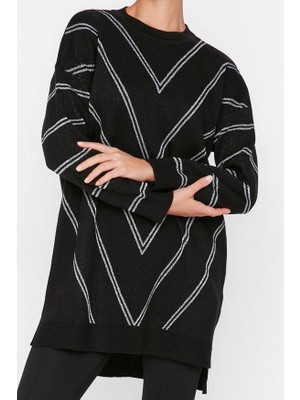 Kadın Moda Şık Tesettür Bisiklet Yaka Düşük Kol Midi Siyah Simli Uzun Triko Kazak