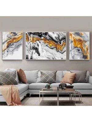 Harikabirev Gold Siyah Renk Soyut Şekil Kombini  Çerçeveli Temperli Cam Tablo 3'lü
