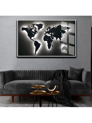 Harikabirev Harita Tablosu Siyah R  Çerçeveli Temperli Cam Tablo Tekli