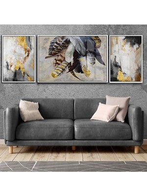 Harikabirev Gold Siyah Renk Tüy Soyut Kombini  Çerçeveli Temperli Cam Tablo 3'lü