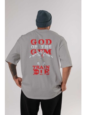 Ankhises God Of The Gym Arka Baskılı Gri Oversize T-Shirt Bisiklet Yaka Pamuk Erkek Kadın