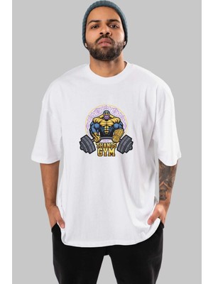 ankhises Thanos Gym Ön Baskılı Beyaz Oversize T-Shirt Bisiklet Yaka Erkek Kadın