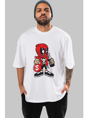 ankhisesDeadpool (20) Ön Baskılı Beyaz Oversize T-Shirt Bisiklet Yaka Erkek Kadın