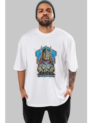 ankhisesThor Love And Thunder Ön Baskılı Beyaz Oversize T-Shirt Bisiklet Yaka Erkek Kadın