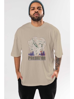 Ankhises Predator Ön Baskılı Bej Oversize T-Shirt Bisiklet Yaka Pamuk Erkek Kadın