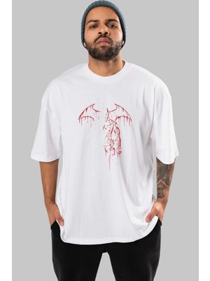 ankhisesBatman (14) Ön Baskılı Beyaz Oversize T-Shirt Bisiklet Yaka Erkek Kadın
