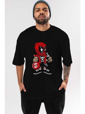 ankhisesDeadpool (20) Ön Baskılı Siyah Oversize T-Shirt Bisiklet Yaka Erkek Kadın