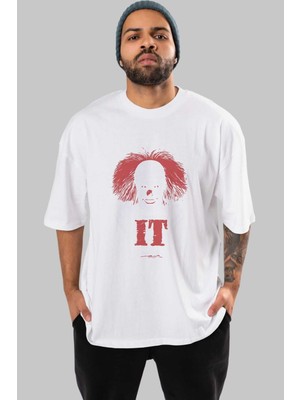 ankhises It Ön Baskılı Beyaz Oversize T-Shirt Bisiklet Yaka Erkek Kadın