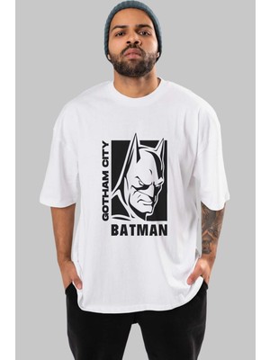 ankhisesBatman (17) Ön Baskılı Beyaz Oversize T-Shirt Bisiklet Yaka Erkek Kadın
