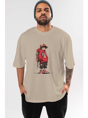 Ankhises One Piece Ön Baskılı Bej Oversize T-Shirt Bisiklet Yaka Pamuk Erkek Kadın