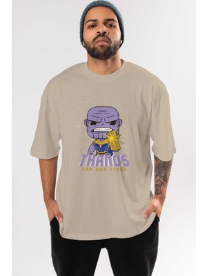 Ankhises Thanos (1) Ön Baskılı Bej Oversize T-Shirt Bisiklet Yaka Pamuk Erkek Kadın