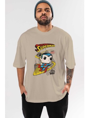 Ankhises Superman (2) Ön Baskılı Bej Oversize T-Shirt Bisiklet Yaka Pamuk Erkek Kadın